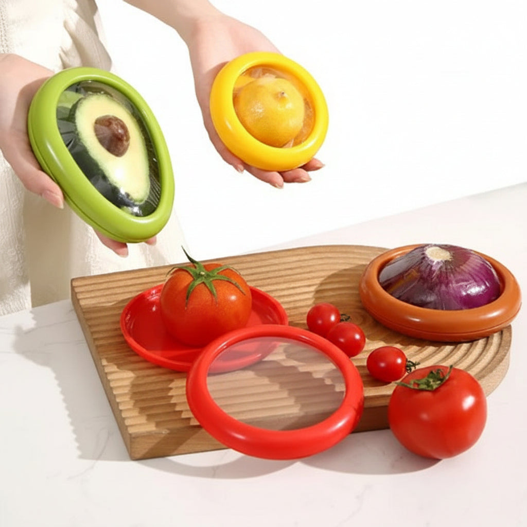 Boite alimentaire vert pour avocat rouge pour tomate jaune pour citron et marron pour oignon