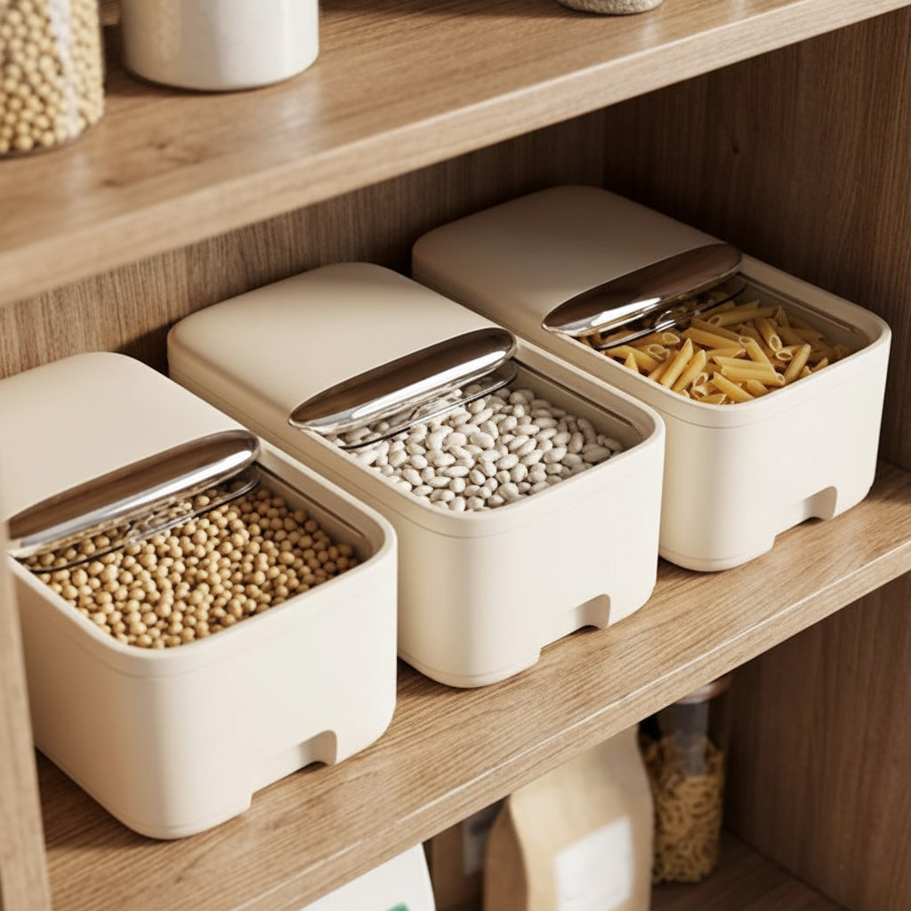 Boite de conservation alimentaire dans le placard avec légumineuses