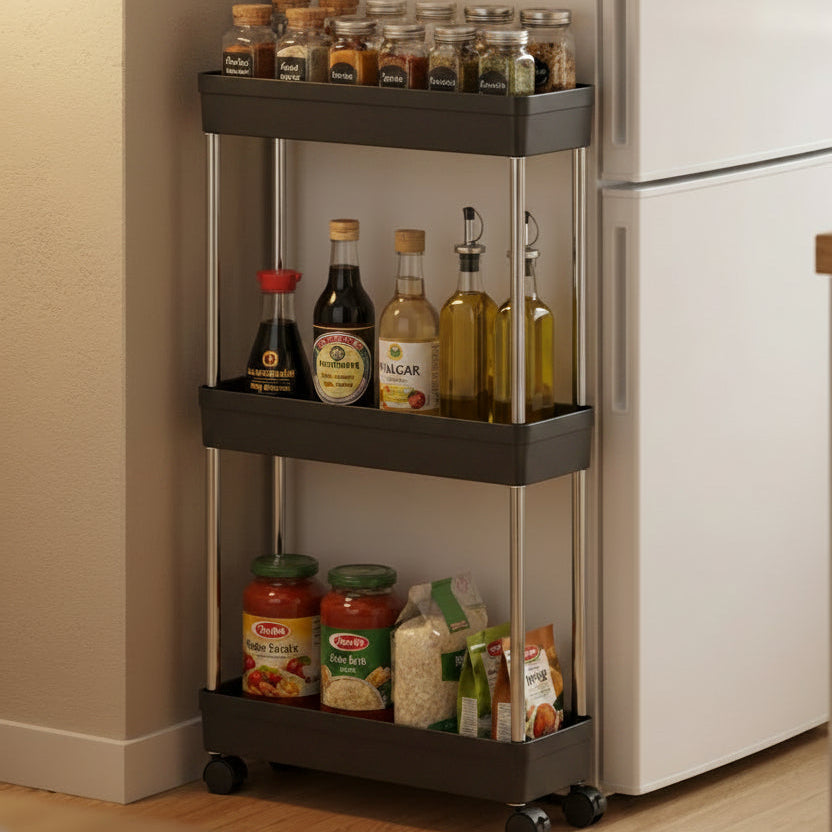 Desserte a roulettes à côté du frigo