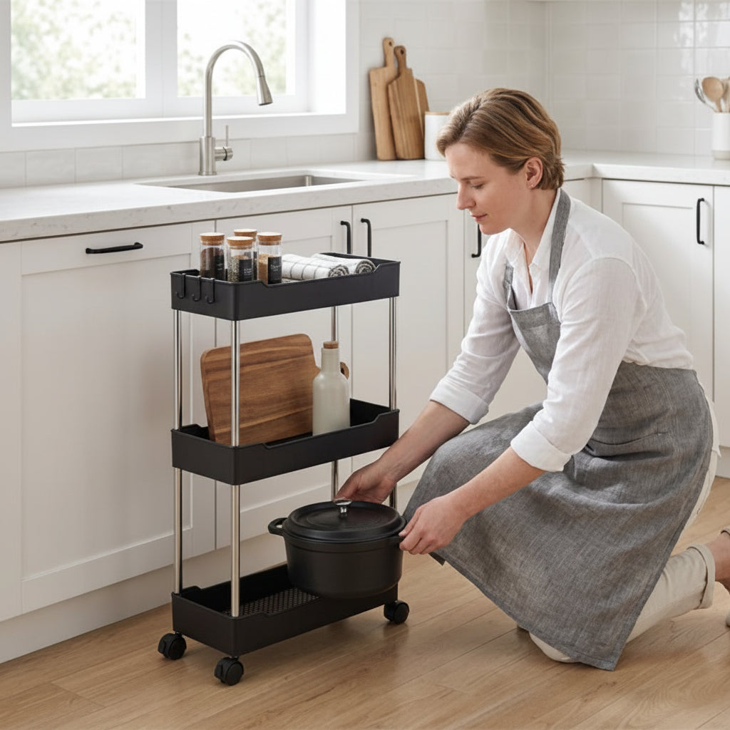 Femme place des produits dans la desserte a roulettes