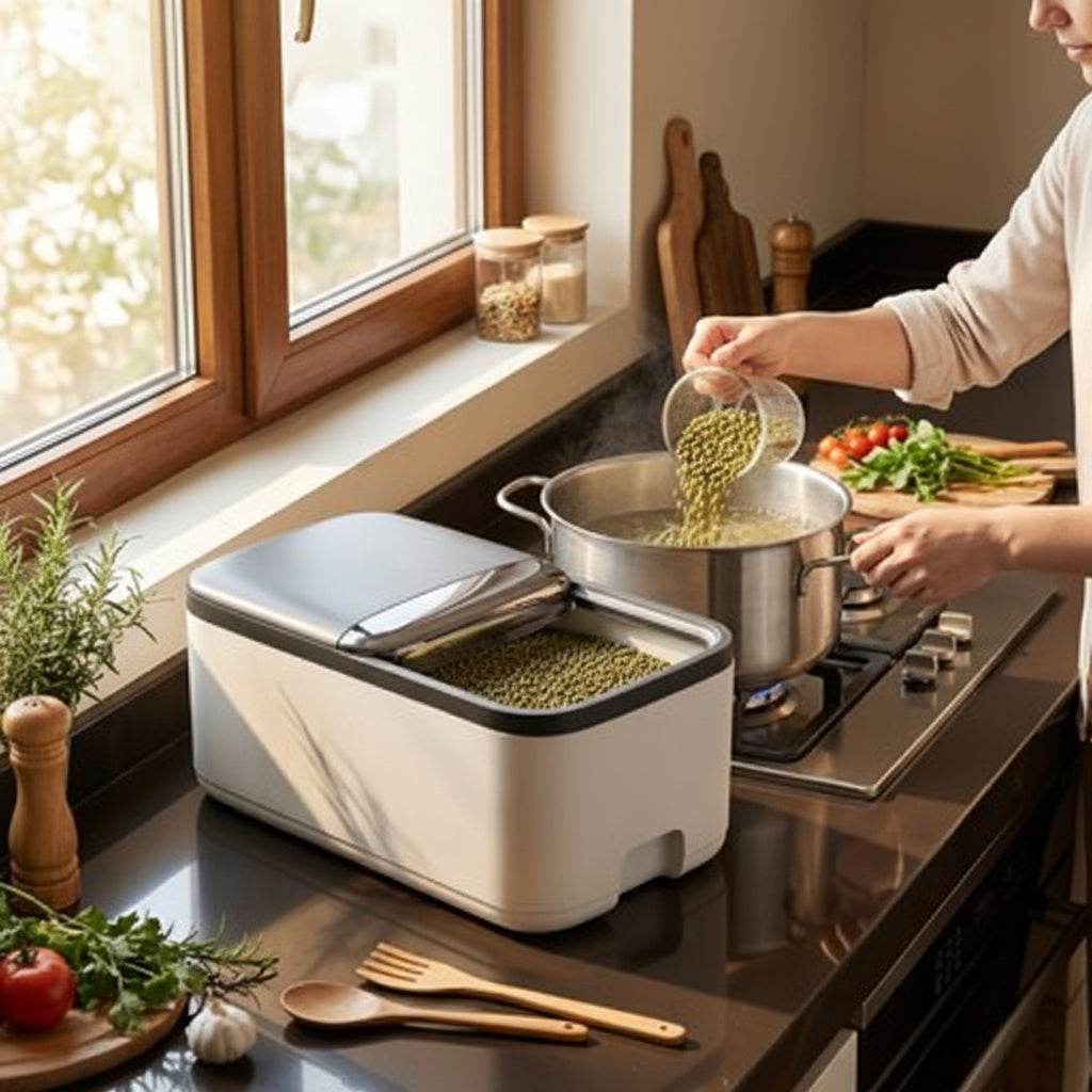 Femme qui utilise un aliment dans la boite de conservation alimentaire