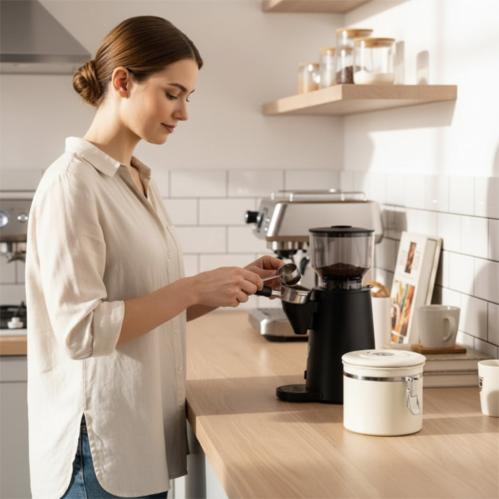 Femme qui utilse le boite a cafe