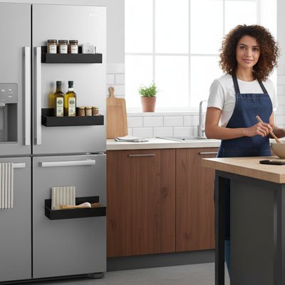 Femme qui utilise l'étagère à épices pour faire à manger