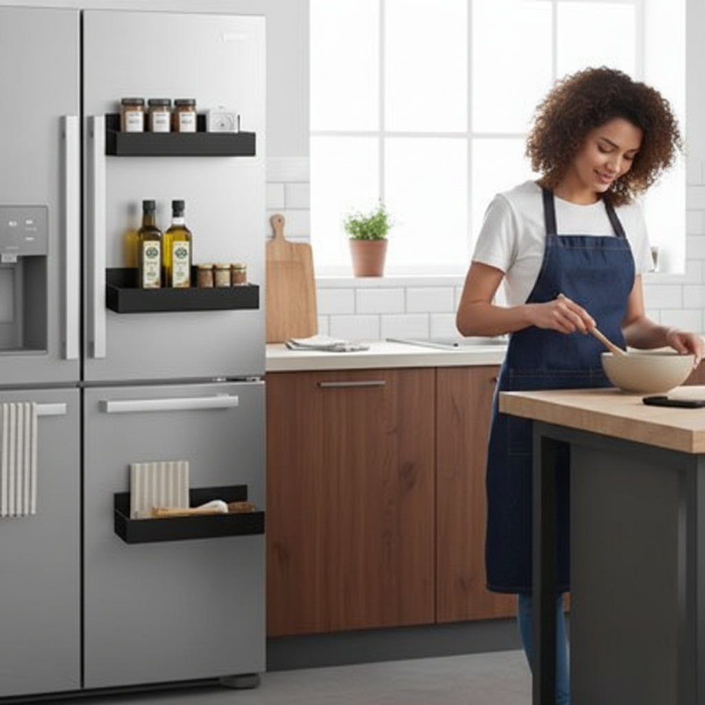 Femme qui utilise l'étagère à épices pour faire à manger