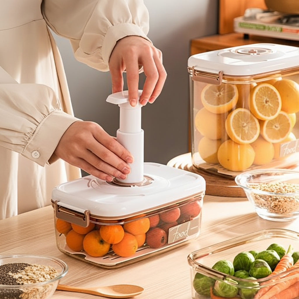 Femme qui utilise la pompe sur la boite de conservation alimentaire