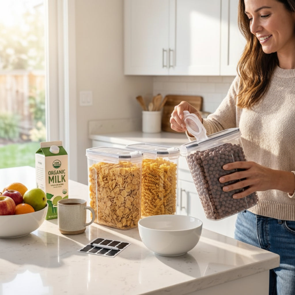 Femme utilise une boite de conservation alimentaire
