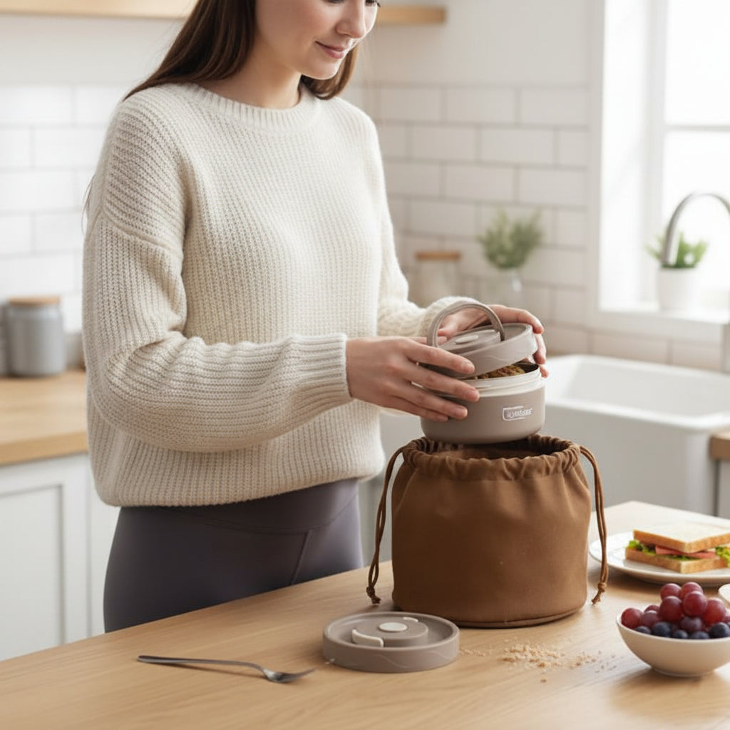 Fille qui prépare son repas dans le lunch box isotherme