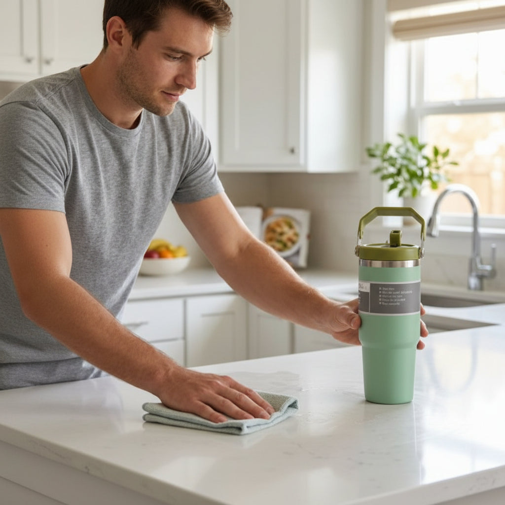 Homme qi nettoie le comptoir avec son Mug isotherme vert