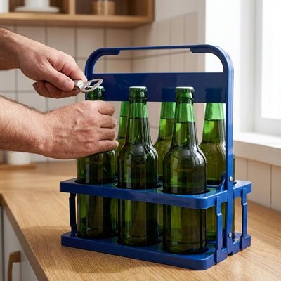 Homme qui débouche une bouteille dans le casier bouteille bleu