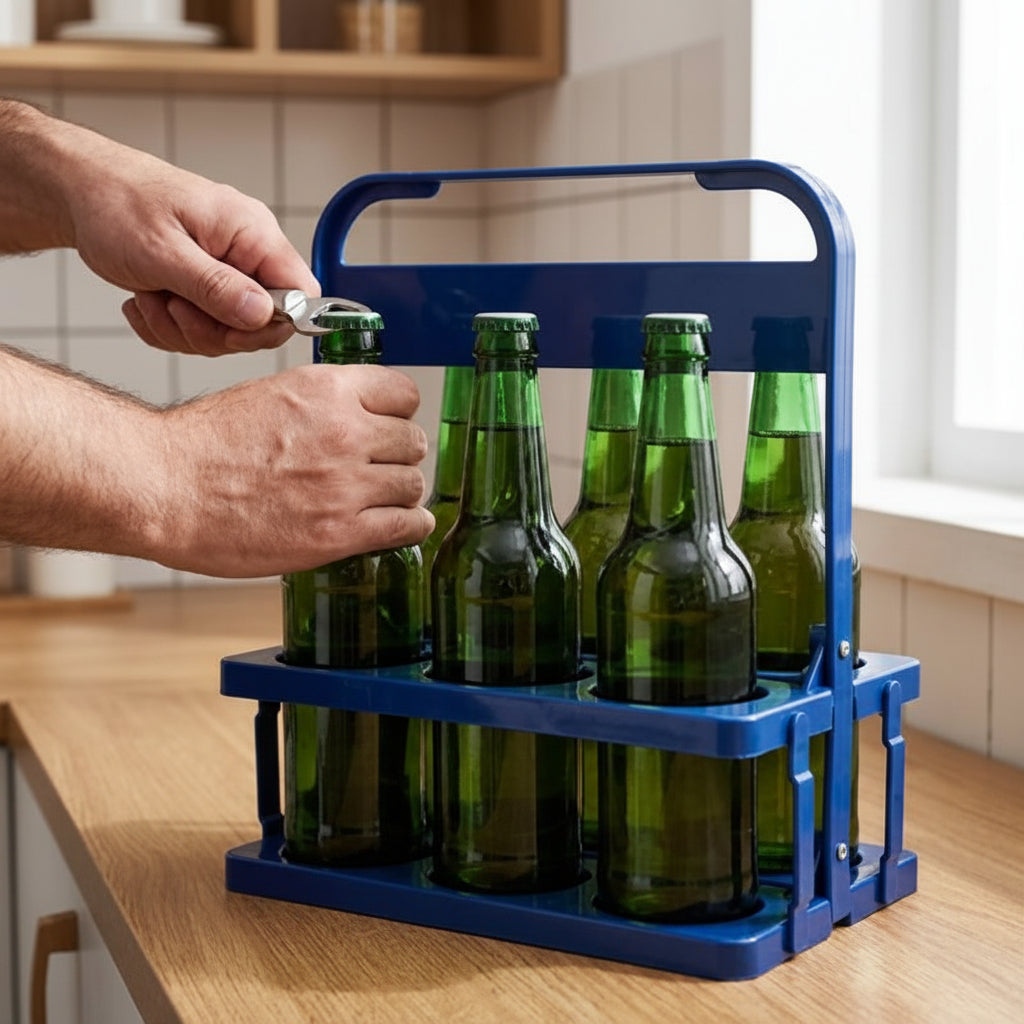 Homme qui débouche une bouteille dans le casier bouteille bleu