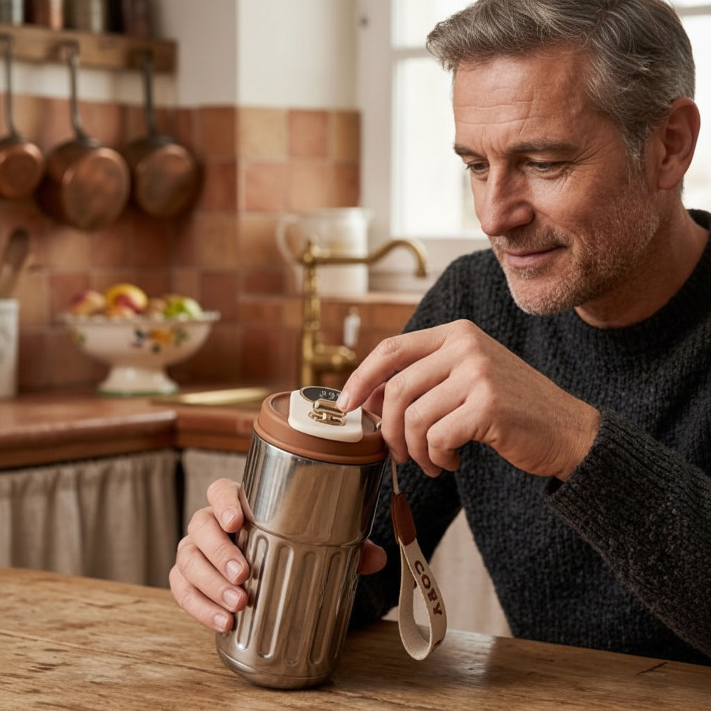 Homme qui utilise le Mug isotherme