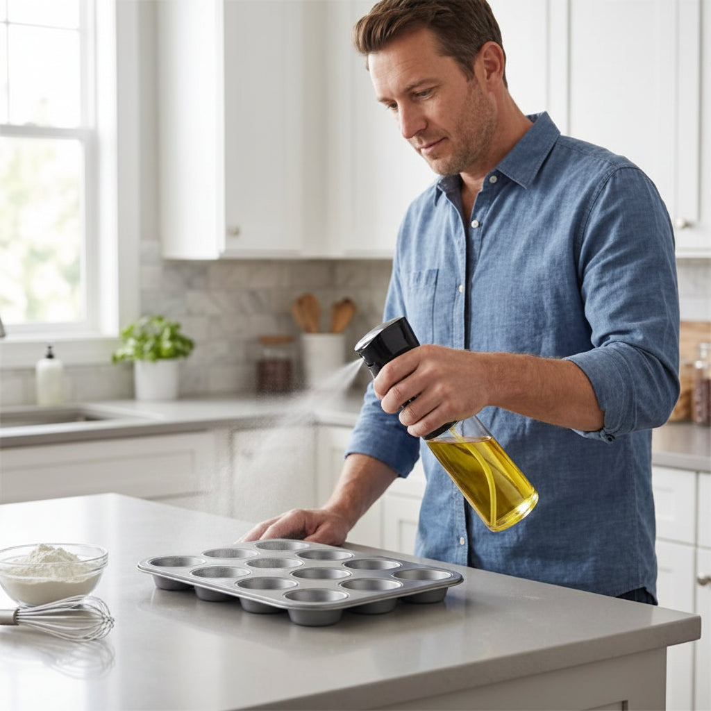 Homme qui utilise le vaporisateur huile sur une plaque à muffins