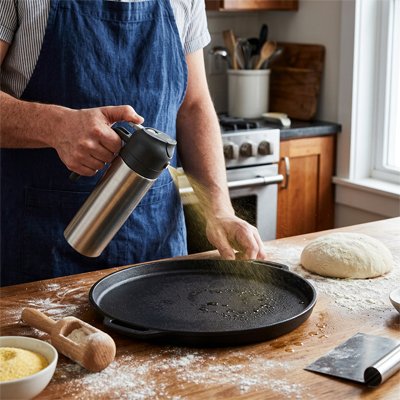homme qui utilise le Vaporisateur huile sur une plaque ronde