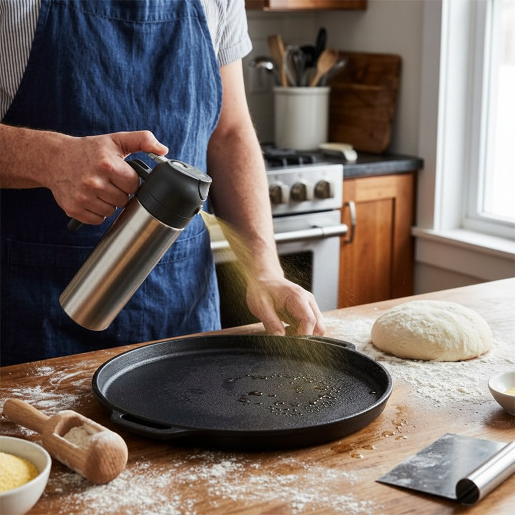 homme qui utilise le Vaporisateur huile sur une plaque ronde
