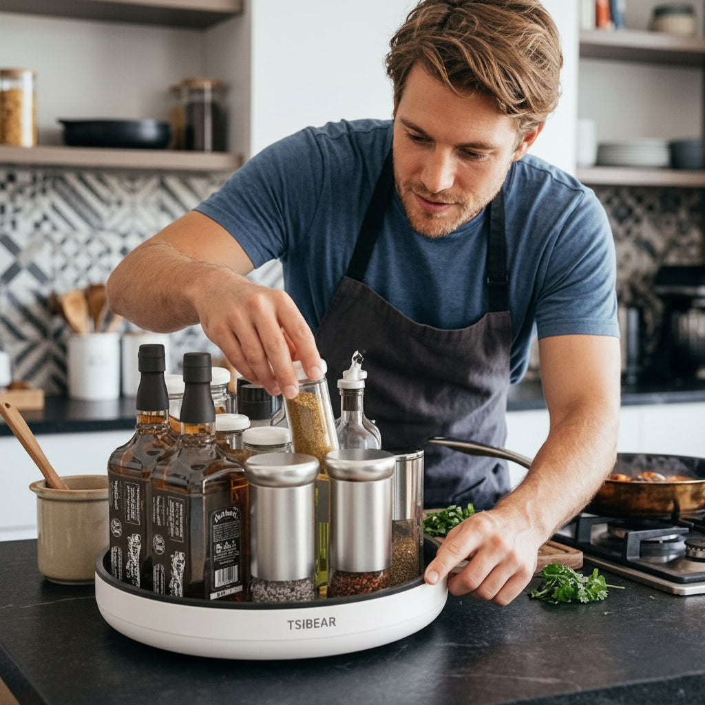 Homme qui utilise des produits sur le plateau tournant pendant la cuisson de son repas