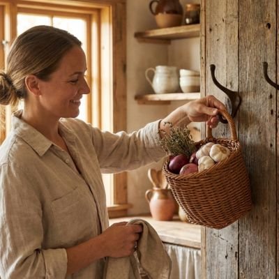 Panier de rangement en osier moyen avec légumes