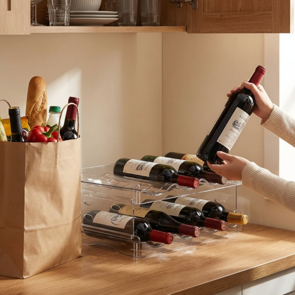 Personne qui prend une bouteille de vin dans le porte bouteilles
