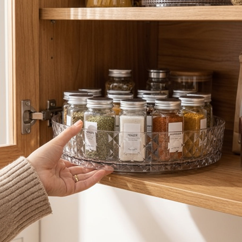 Plateau tournant transparent rempli d'épices dans l'armoire de la cuisine
