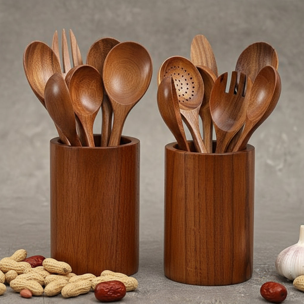 Pot ustensiles de cuisine en bois sur le comptoir