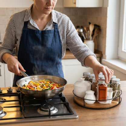 Femme qui cuisine en utilisant le plateau tournant​ 