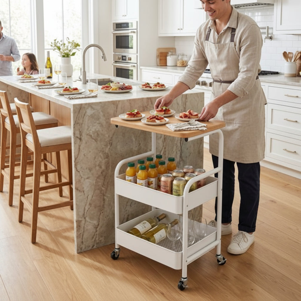 Homme qui cuisine sur la desserte a roulette blanche