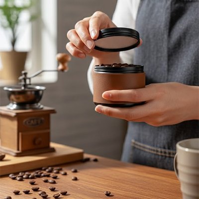 Homme qui rempli la boite a cafe​ et ferme le couvercle