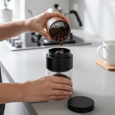 Boite a cafe​ avec café est vidé dans un moulin à café