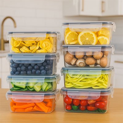 Boite alimentaire avec fruits et légumes sur le comptoir de la cuisine