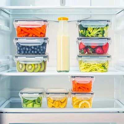Boite alimentaire dans le frigo comprenant dix aliments