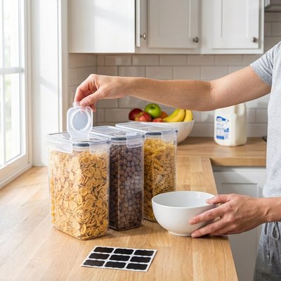 Boite de conservation alimentaire pleine avec étiquettes