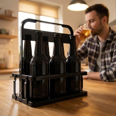 Casier bouteille noir avec six bouteilles de bières