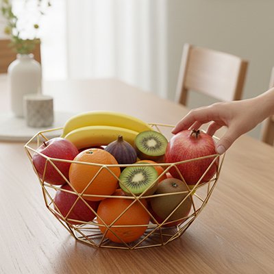 Corbeille a fruit dorée avec fruits