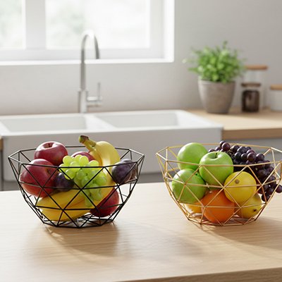 Corbeilles a fruit noire et dorée remplies avec fruits