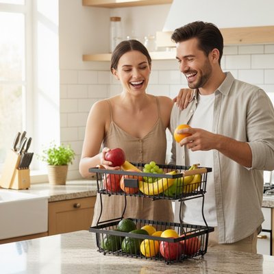 couple qui regarde la corbeille a fruit