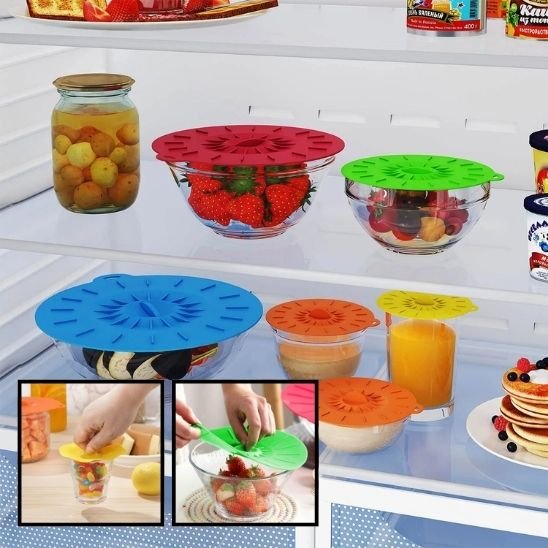 couvercle en silicone sur divers contenants dans le frigo
