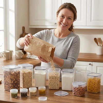 Dam qui transvide des ingrédients dans la boite de conservation alimentaire