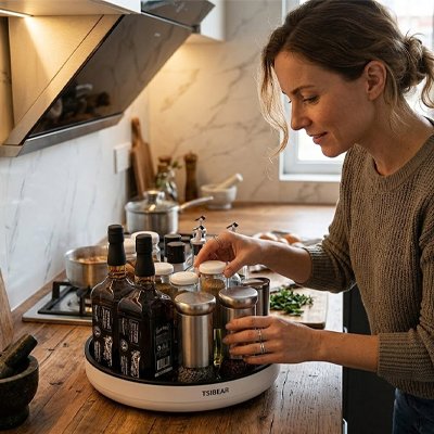 Dame qui met des pots à épices sur le plateau tournant​ 