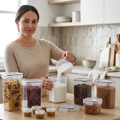 Dame qui cuisine avec la boite de conservation alimentaire