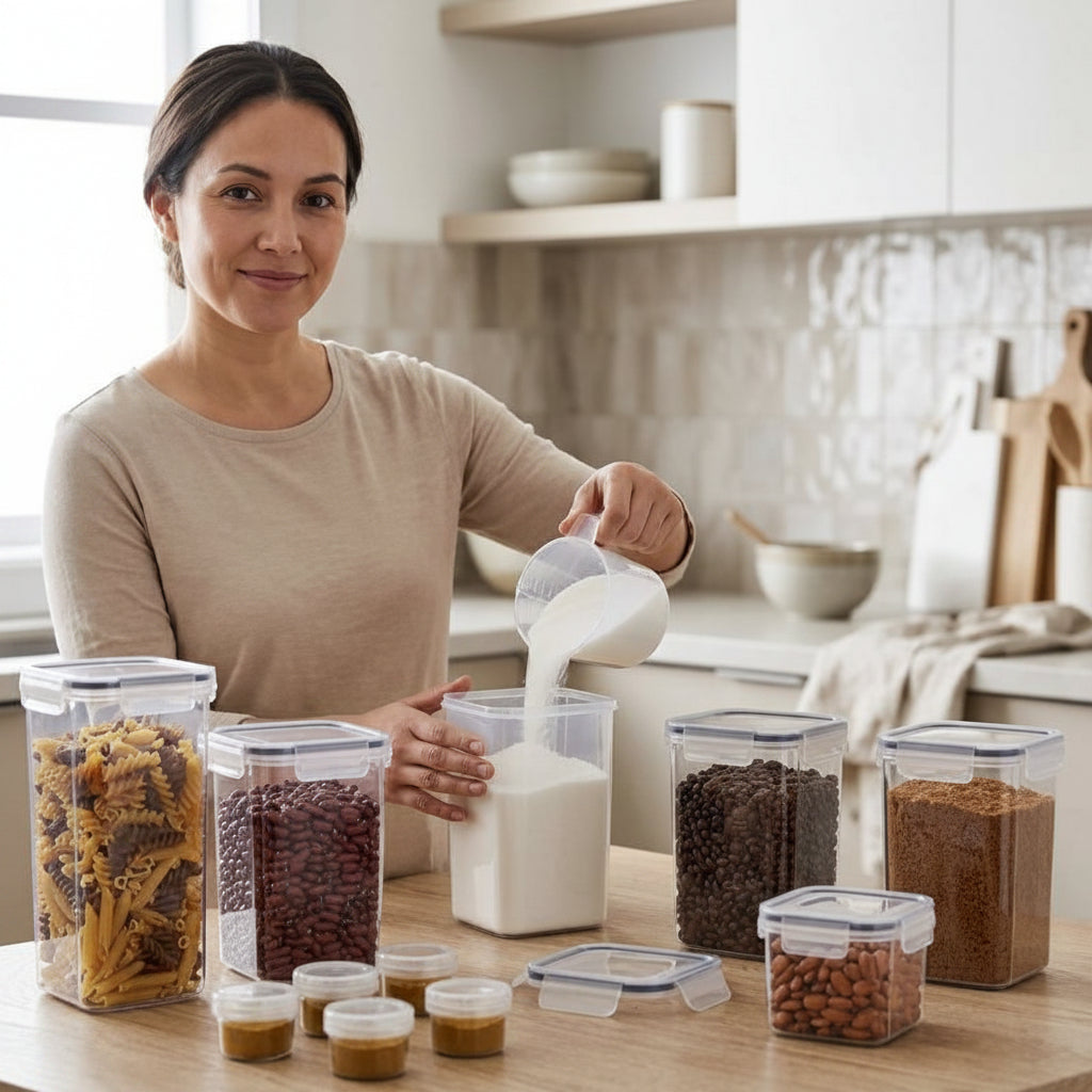 Dame qui cuisine avec la boite de conservation alimentaire