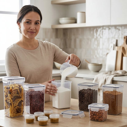 Dame qui cuisine avec la boite de conservation alimentaire