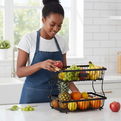 dame qui place fruits corbeille a fruit