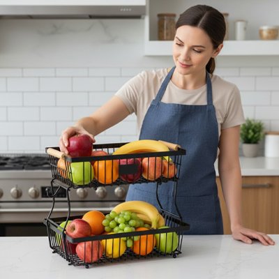 dame qui prend fruit corbeille a fruit