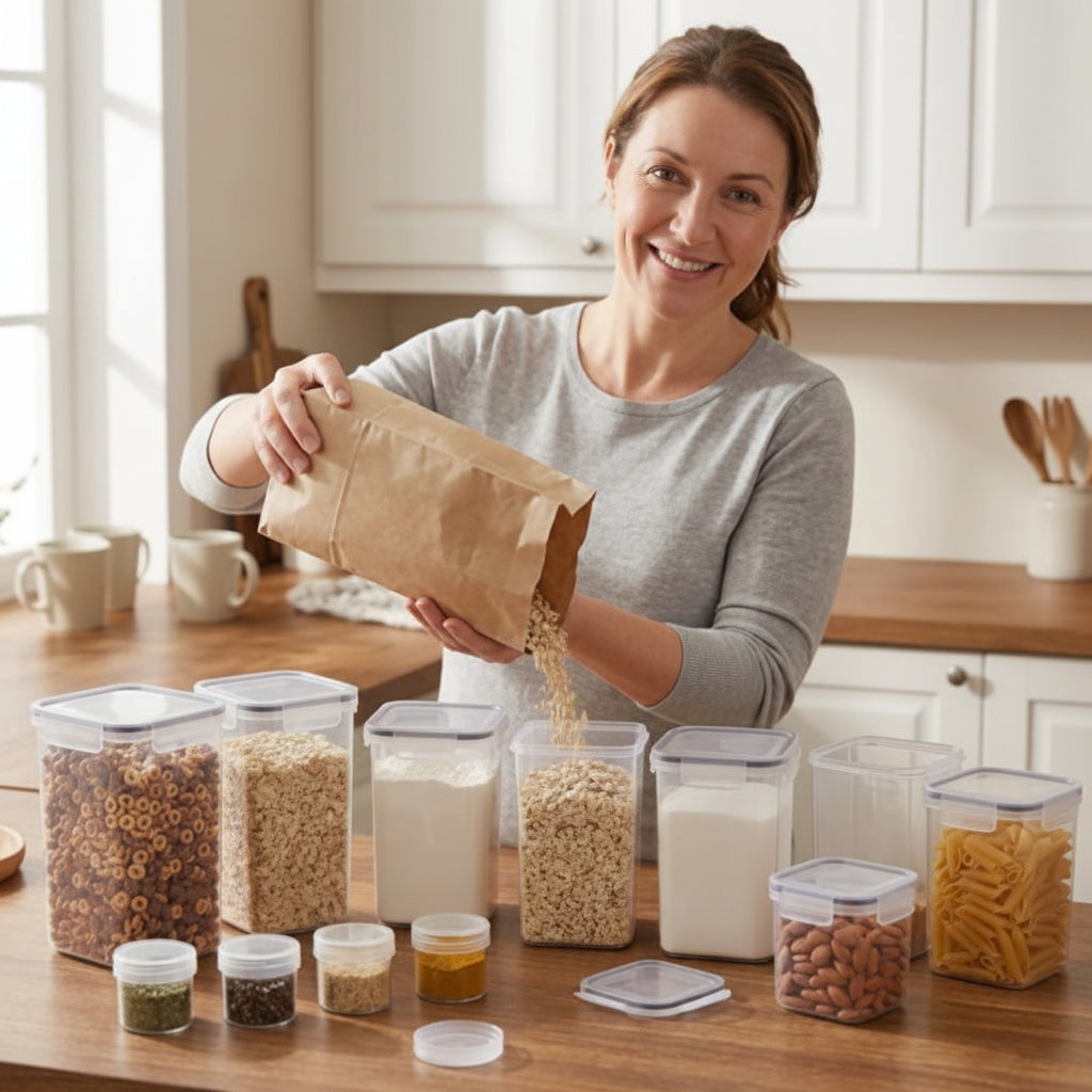 Dame qui transvide des ingrédients dans la boite de conservation alimentaire