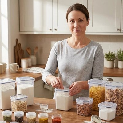 Dame qui utilise la boite de conservation alimentaire