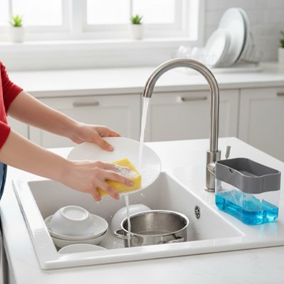 Distributeur liquide vaisselle​ avec personne qui lave la vaisselle