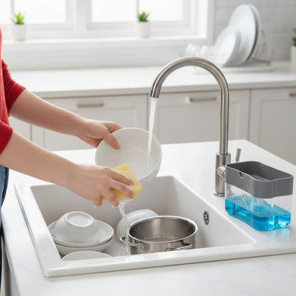Distributeur liquide vaisselle​ avec personne qui lave la vaisselle
