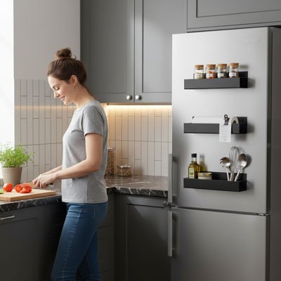 Étagère à épices avec épices et huiles sur frigo