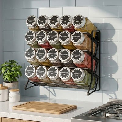 Étagères à épices remplies sur mur