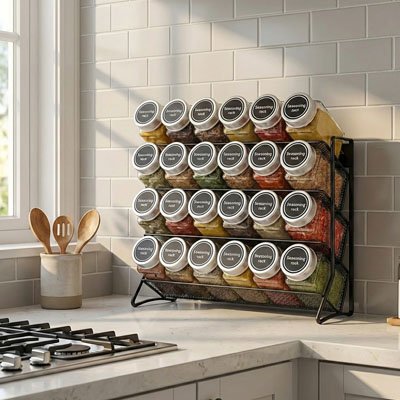 Étagères à épices sur comptoir