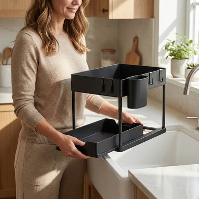femme assemble organisateur placard cuisine pour installation sous evier